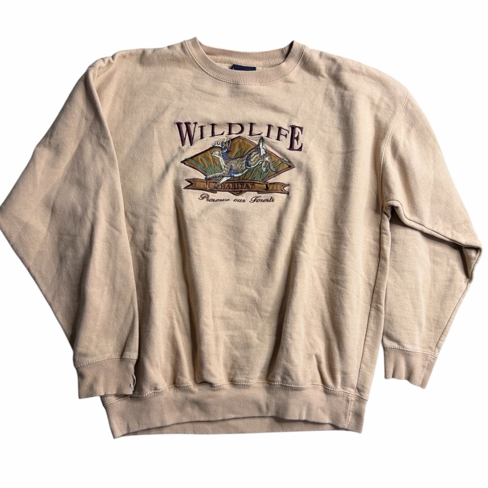 Vintage Wildlife Habitat Embroidered Crewneck Sweatshirt Men’s Large‎ Tan